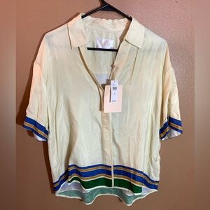 Sancia Pale Yellow Short Sleeve Button-down Blouse with Amara print Hem NWT